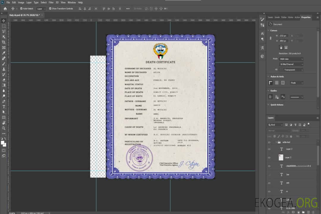Modèle PSD de certificat de décès de l'état civil du Koweït template